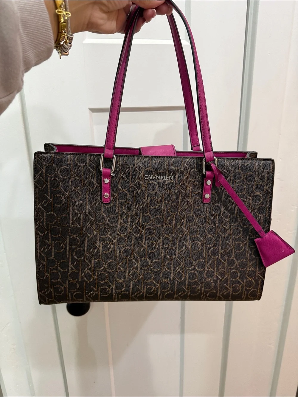 Calvin Klein Brown Monogram Tote with Fuchsia Trim